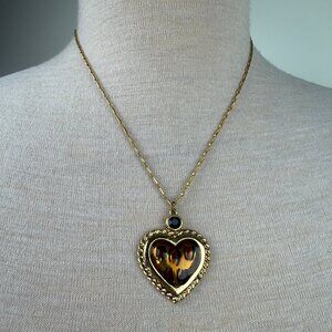 Vintage Orion Enamel Animal Print Gold Tone Heart w/ Rhinestone Necklace
